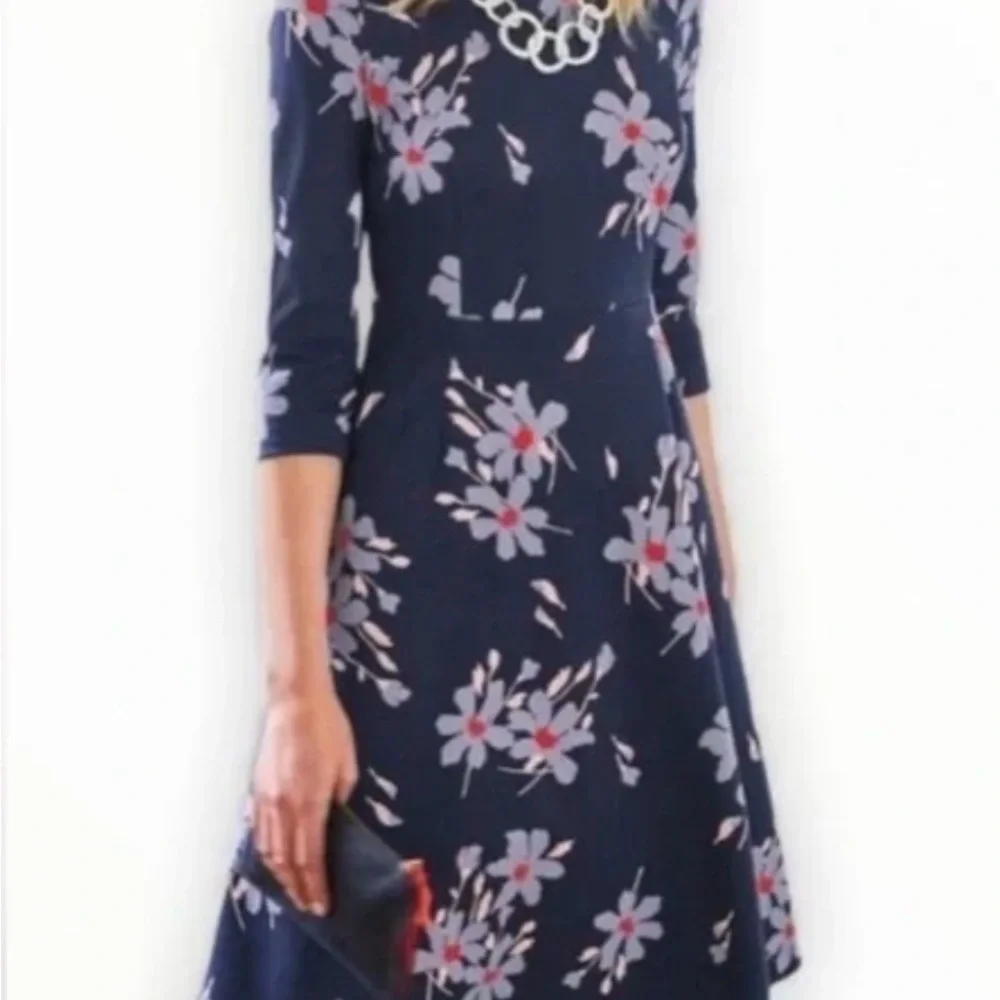 Boden Irene Navy Blue Floral Long Sleeve Ponte Knit Stretch Dress Preppy Classic